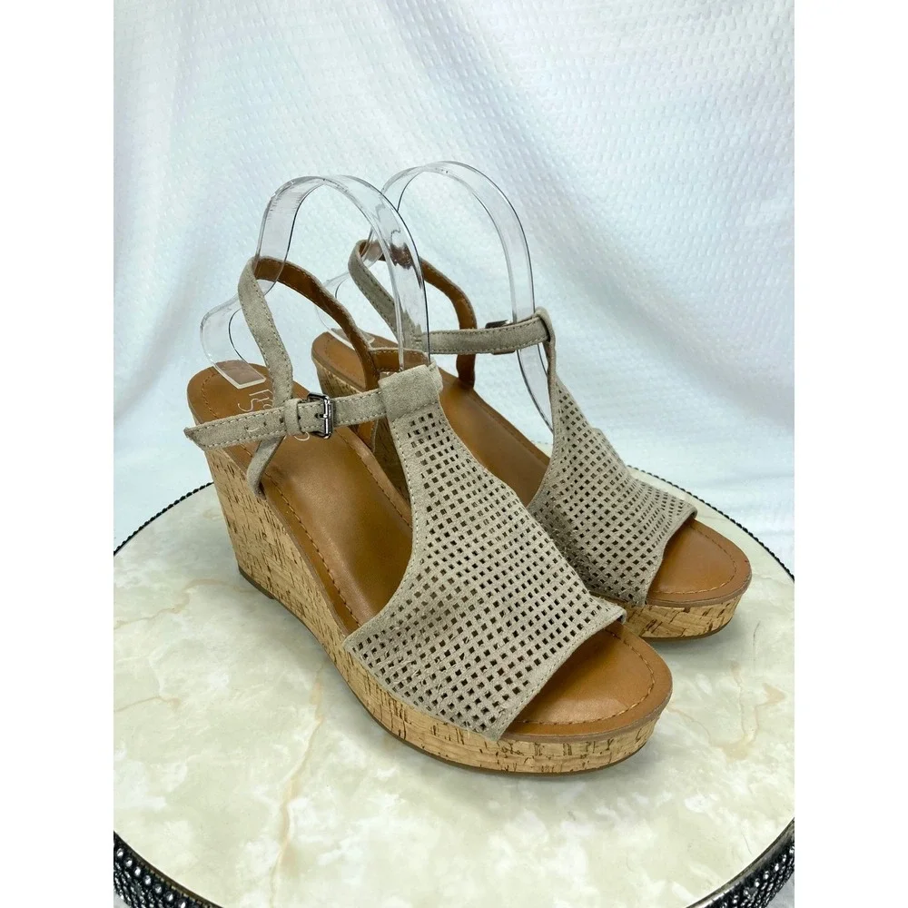 Franco Sarto Clinton2 Platform Wedge Heel Sandals Womens 10 Taupe Boho Strappy